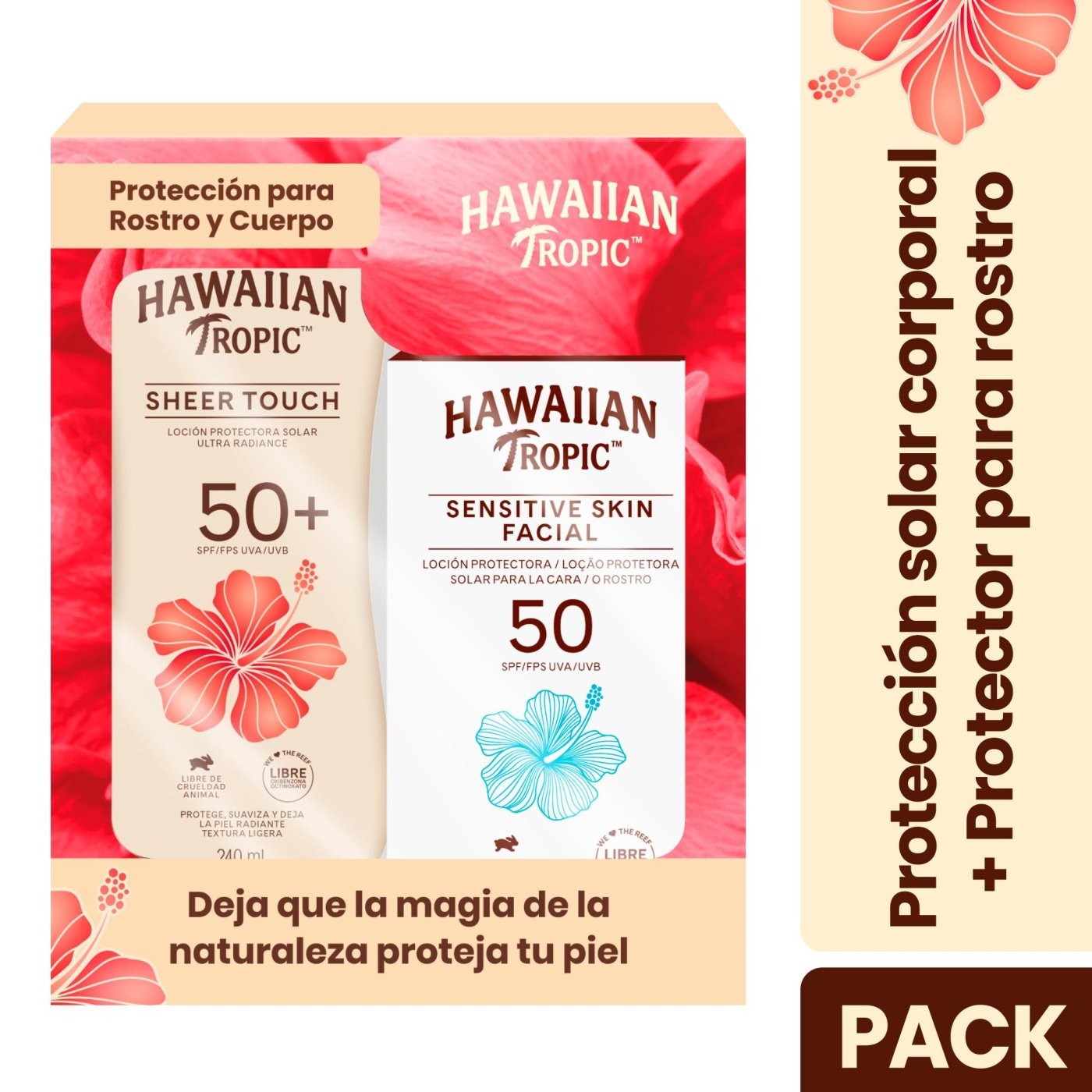 SET ROSTRO Y CUELLO HAWAIIAN TROPIC SPF 50+ SENSITIVE SKIN 60 ML + SHEER TOUCH 240 ML - 3