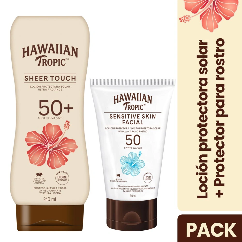 PACK HAWAIIAN TROPIC BLOQUEADOR SENSITIVE SKIN FACIAL SPF50 60 ML + SHEER TOUCH SPF50 240 ML - 1