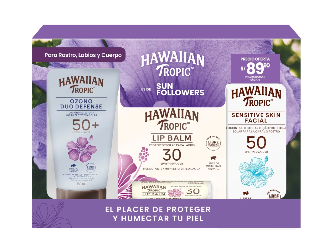 PACK HAWAIIAN TROPIC OZONO DUO DEFENSE SPF50 180 ML + SENSITIVE SKIN FACIAL SPF50 60 ML + LIP BALM SPF30 - 2