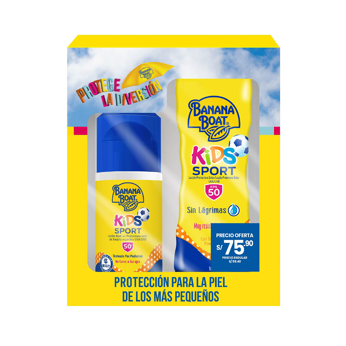 PACK PROTECTOR SOLAR BANANA BOAT KIDS SPORT LOCION SPF50 x 180 ML + KIDS SPORT ROLL ON SPF50 x 75 ML - 1