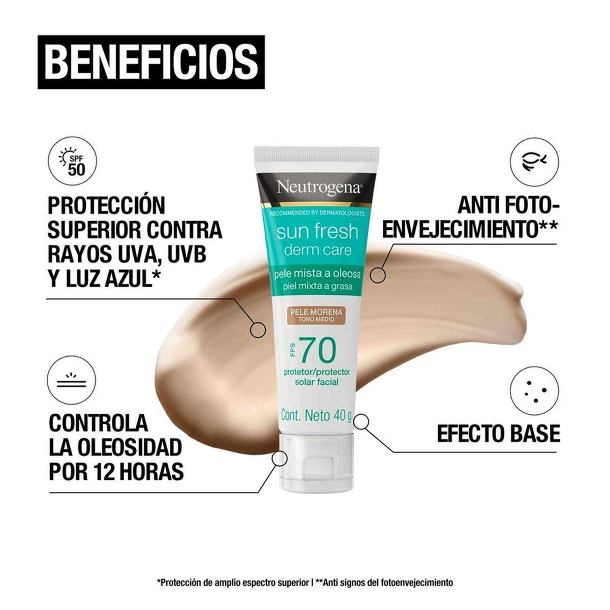 PROTECTOR SOLAR FACIAL NEUTROGENA MORENA SUN FRESH DERM CARE FPS70 40 GR - 3