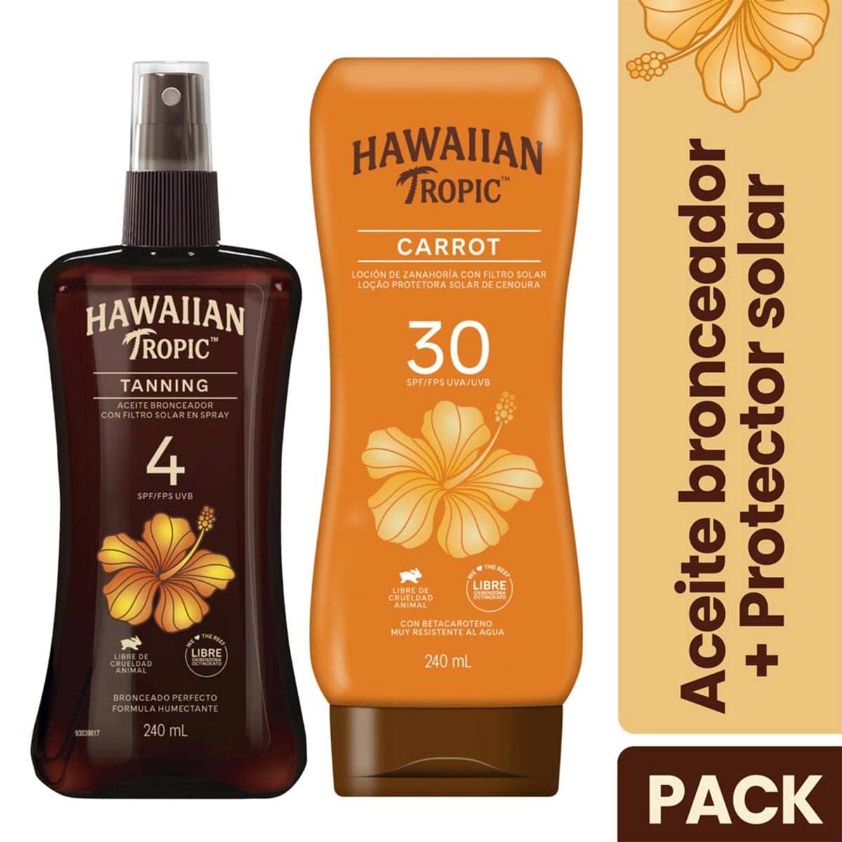 PACK HAWAIIAN TROPIC LOCIÓN CARROT SPF30+ 240 ML + ACEITE BRONCEADOR SPRAY SPF4 240 ML - 1