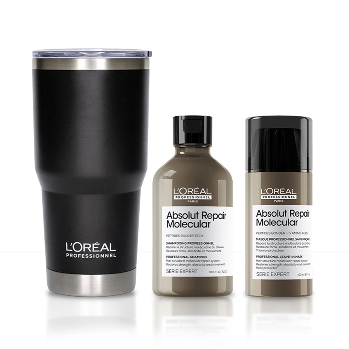 SET LOREAL PROFESSIONNEL ABSOLUT REPAIR MOLECULAR: SHAMPOO 300ML + LEAVE-IN 100ML + REGALO TERMO - 1