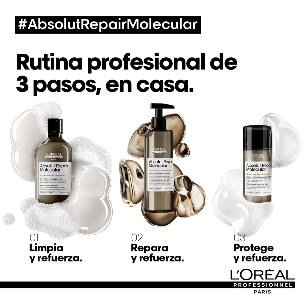 SET LOREAL PROFESSIONNEL ABSOLUT REPAIR MOLECULAR: SHAMPOO 300ML + LEAVE-IN 100ML + REGALO TERMO - 7
