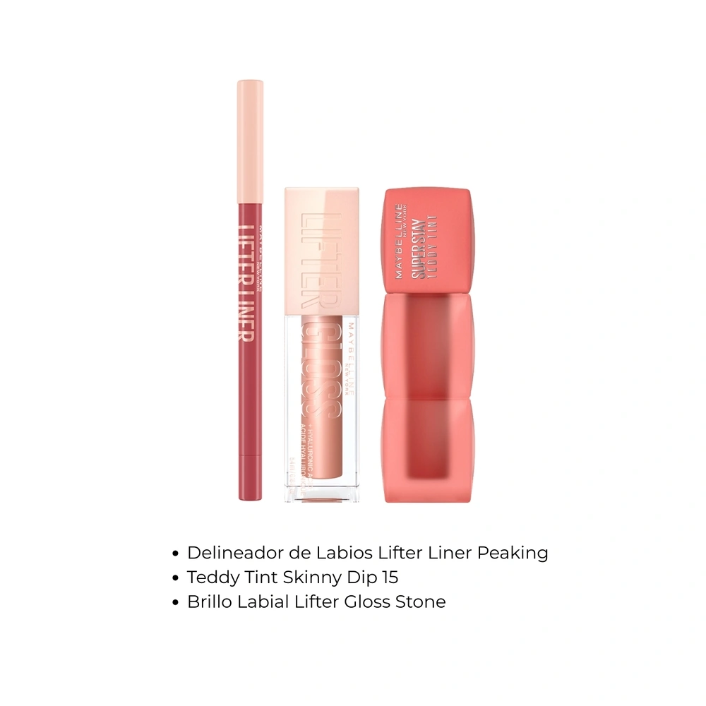 TRIO LABIALES NUDES MAYBELLINE LIFTER LINER PEAKING + TEDDY TINT 15 SKINNYDIP + LIFTER GLOSS STONE - 2