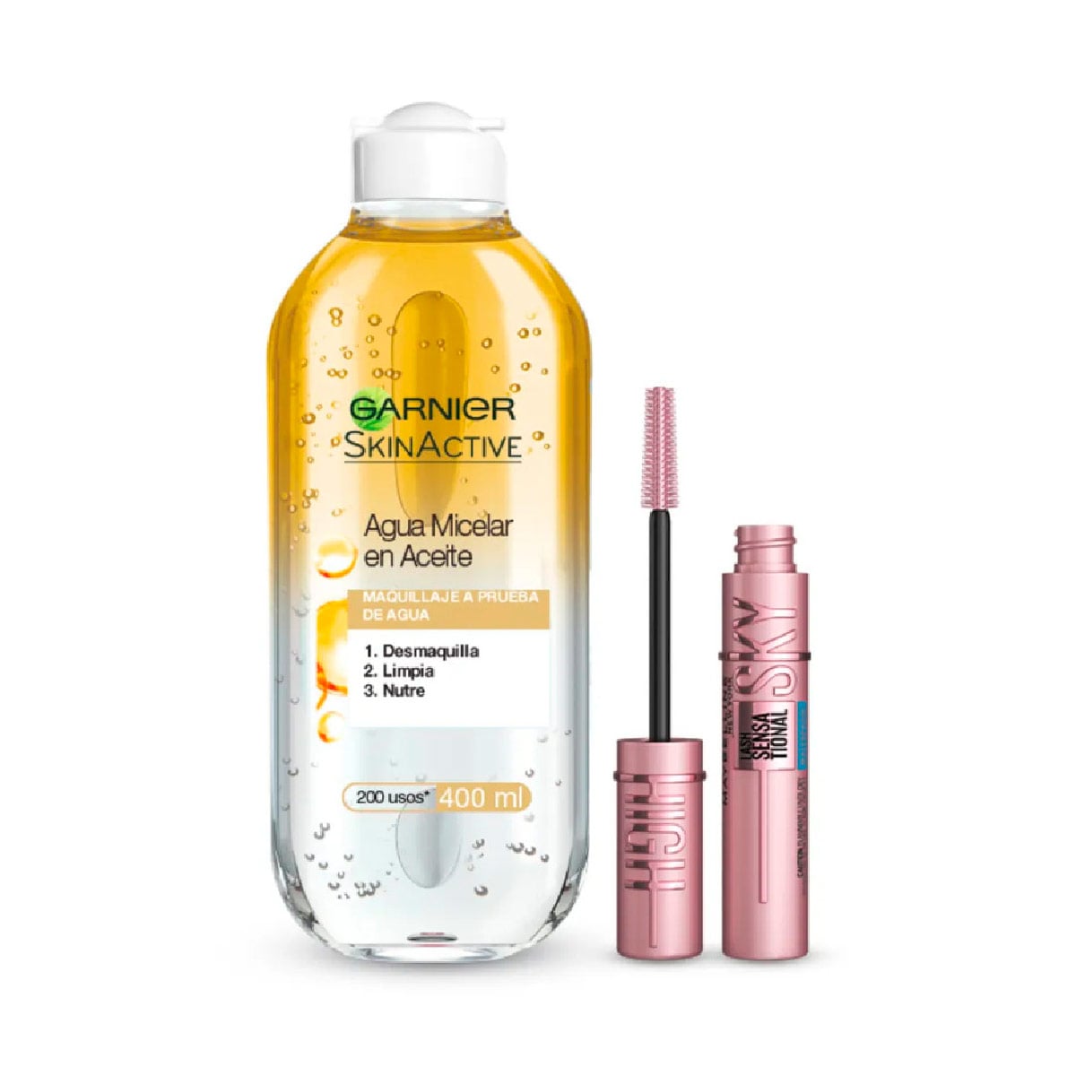 PERFECT COMBO GARNIER & MAYBELLINE MÁSCARA SKY HIGH WTP+AGUA MICELAR 400ML - 1