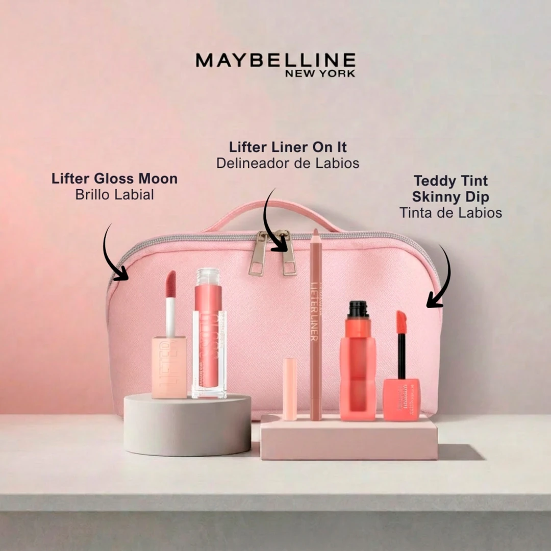 SET MAQUILLAJE MAYBELLINE DELINEADOR LIFTER LINE 05 ON IT+TEDDY TINT SKINNYDIP 15+BRILLO LIFTER GLOSS MOON ROSA - 2