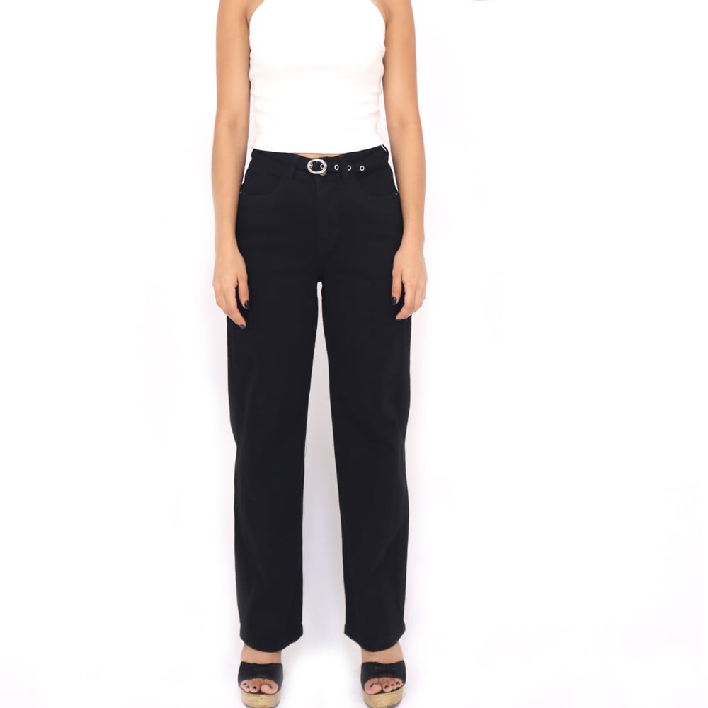 JEANS LARGO ALGODÓN STRAIGHT MUJER KAYRA POBLET PERFECT FIT NEGRO BELT - 1