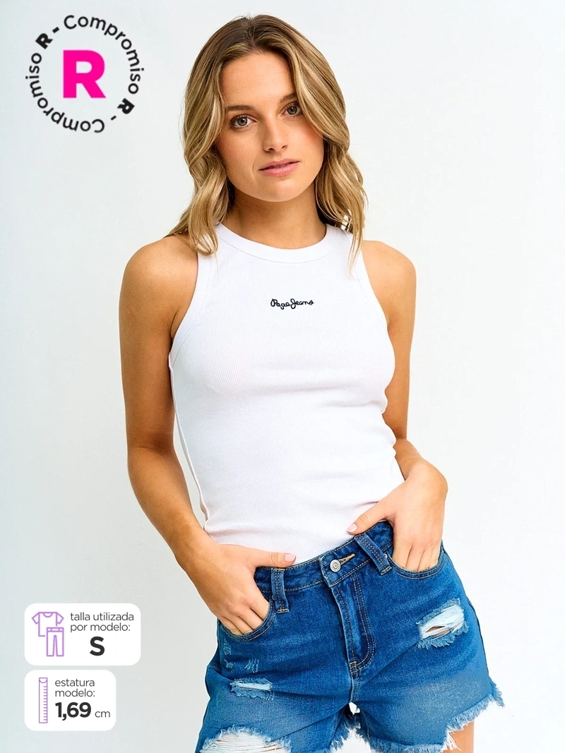 Canotta Pepe Jeans Marian Donna - Girocollo, Costina, Logo Ricamato, Leggera E Perfetta Per L'Estate