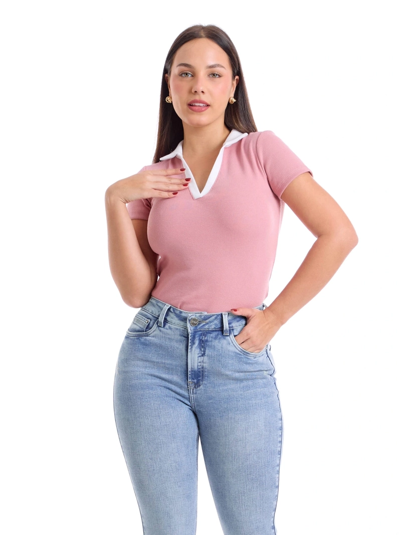 POLO MANGA CORTA ALGODÓN MUJER METAL JEANS RIB CONTRASTE KARLA - 1