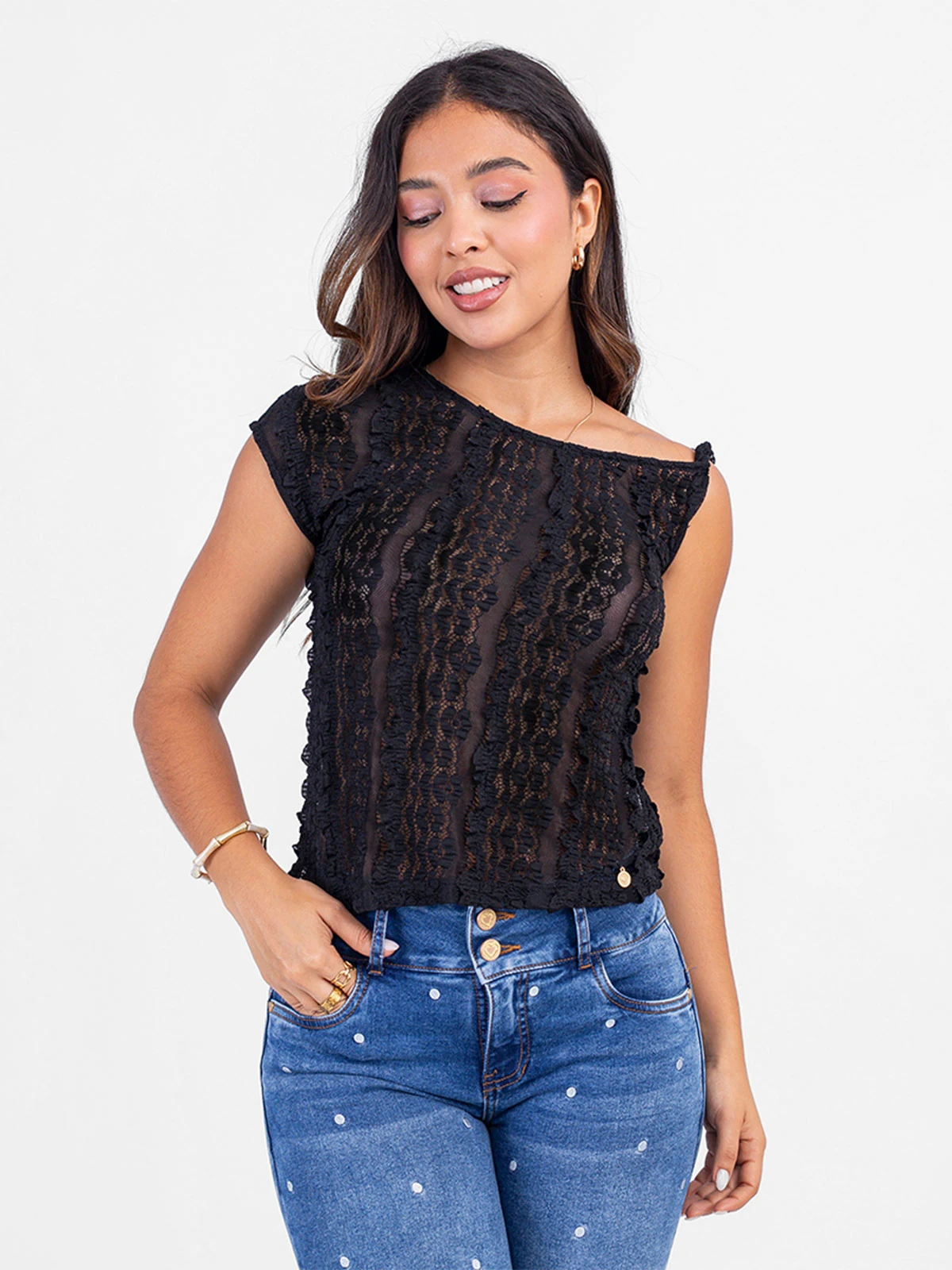 POLO CUELLO OJAL ENCAJE MUJER SODA BLUES SAUCET NEGRO S - 3