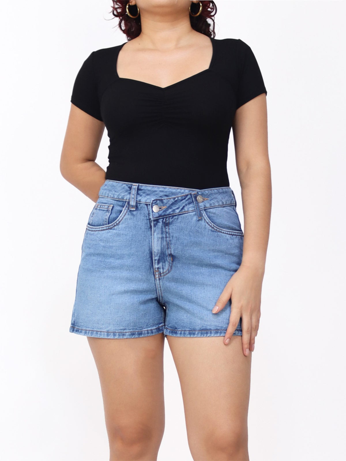 SHORT ALGODÓN DENIM MUJER KAYRA POBLET PERFECT FIT CELESTE CRUZADO - 1
