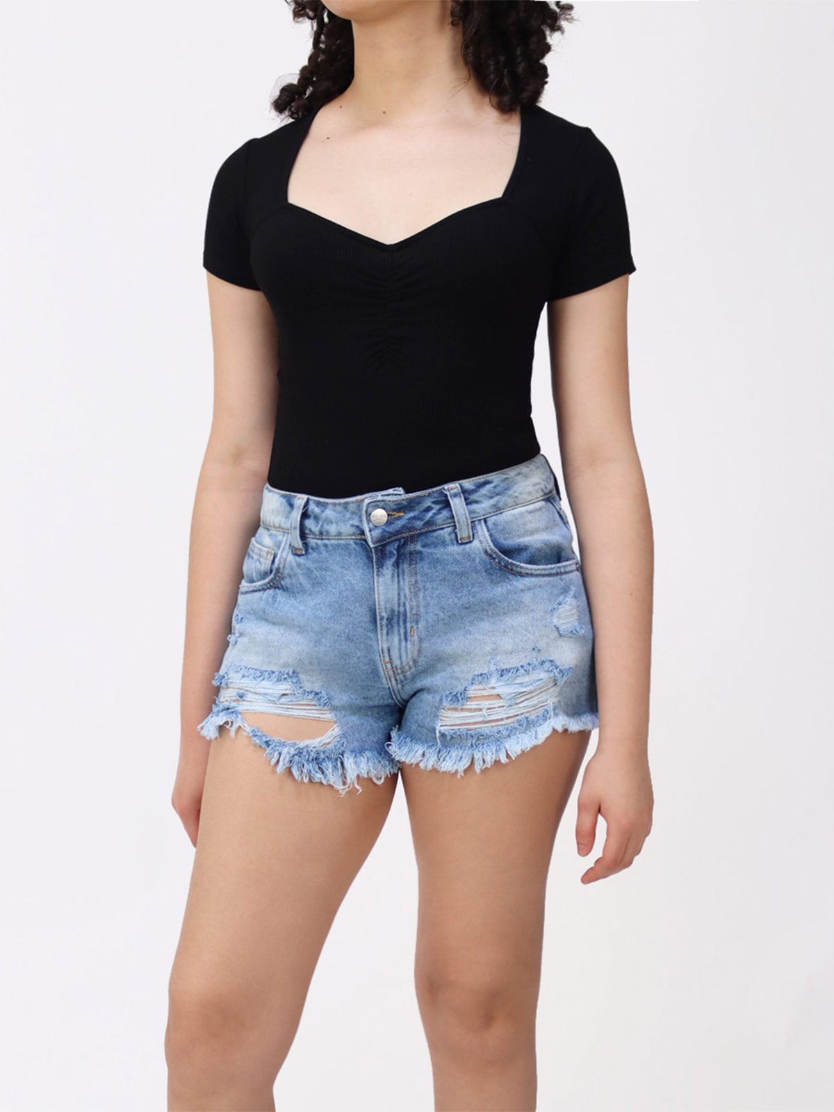SHORT ALGODÓN DENIM MUJER KAYRA POBLET PERFECT FIT CELESTE DESGARRADO - 1