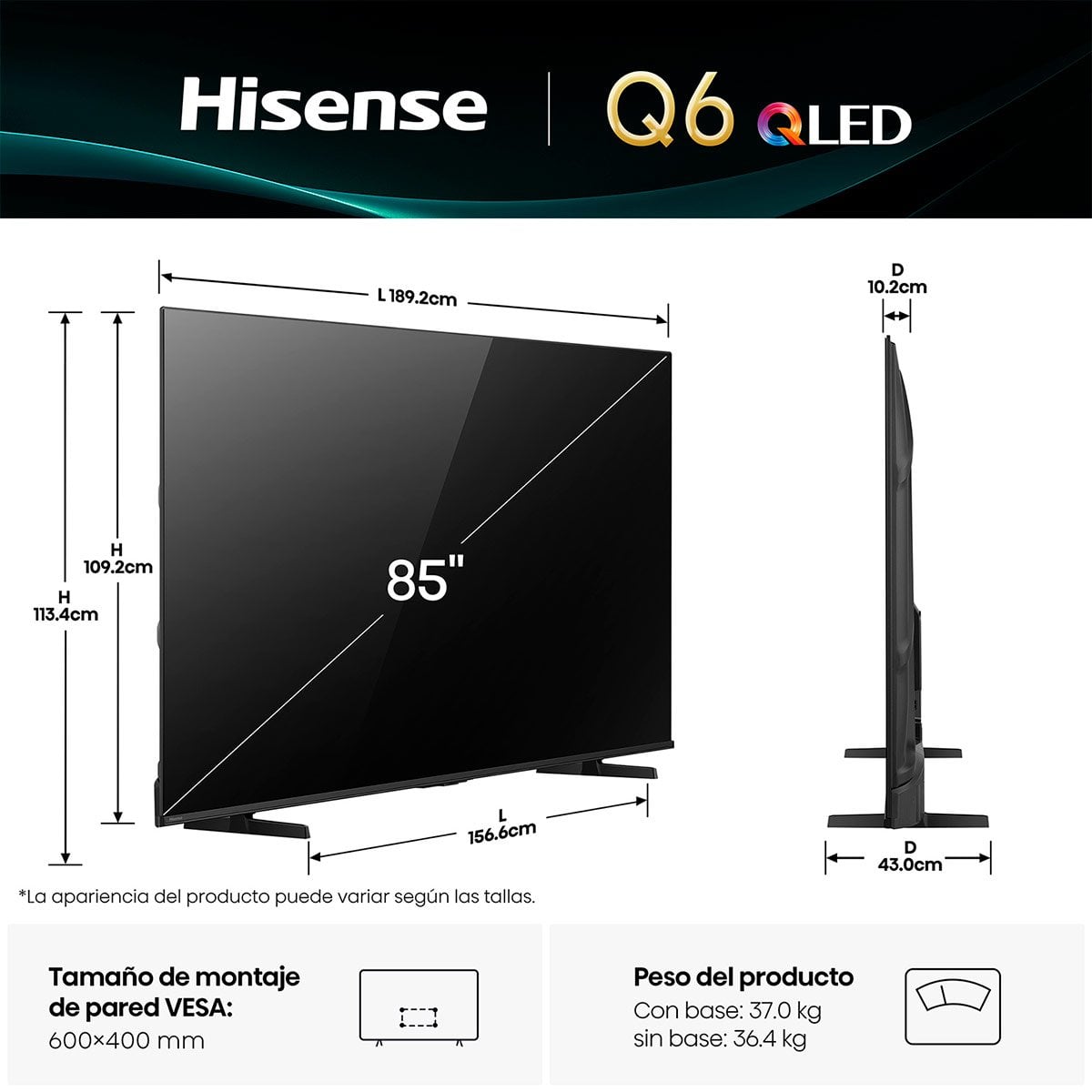 TELEVISOR SMART TV HISENSE 4K ULTRA HD 85” 85Q6QV - 3