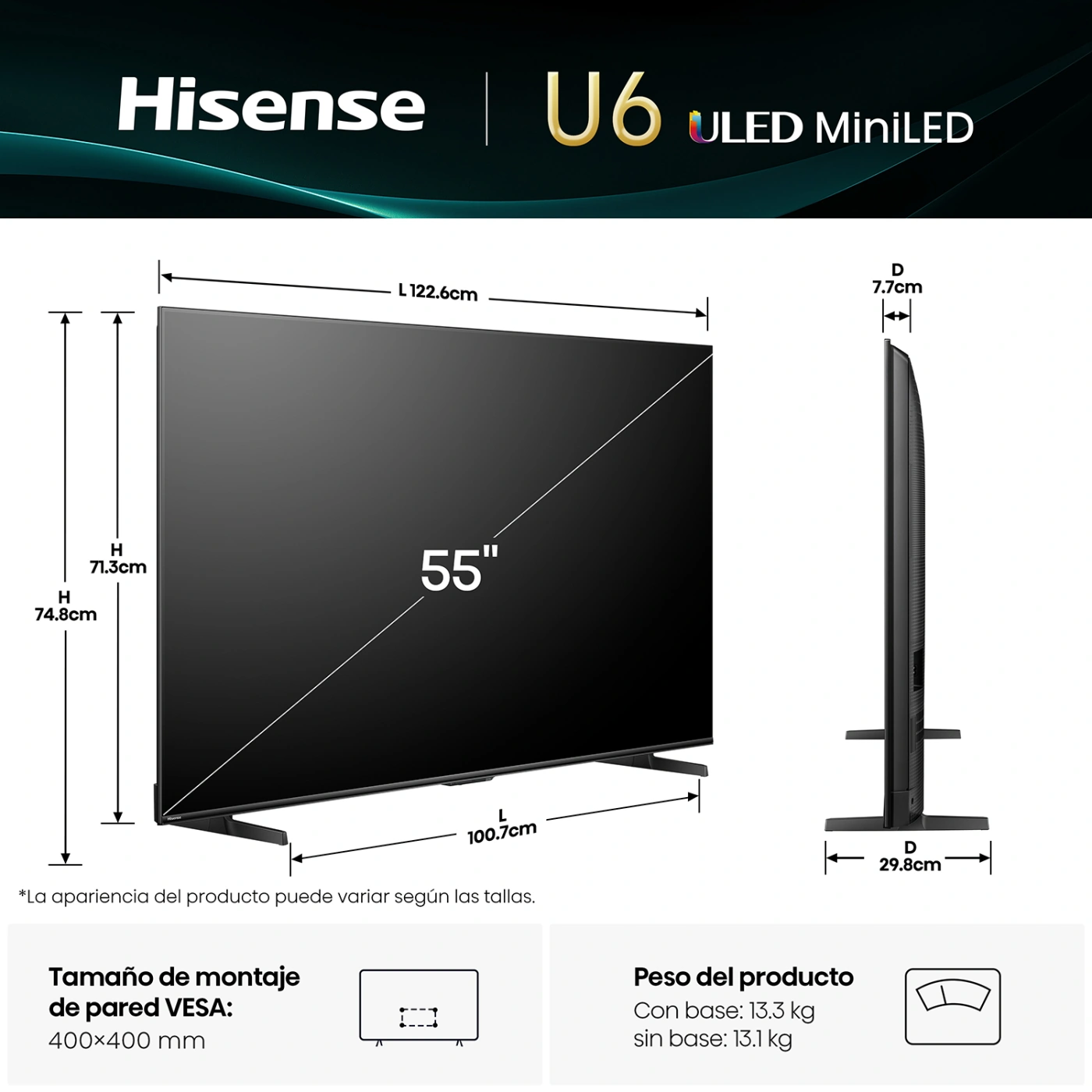 TELEVISOR SMART TV HISENSE 4K ULTRA HD 55” 55U6QV - 3