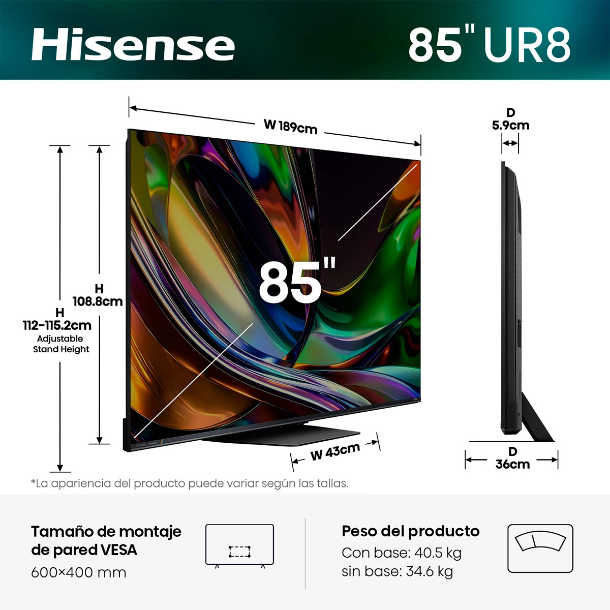 TELEVISOR SMART TV HISENSE 4K ULTRA HD 85” 85UR8SG - 4