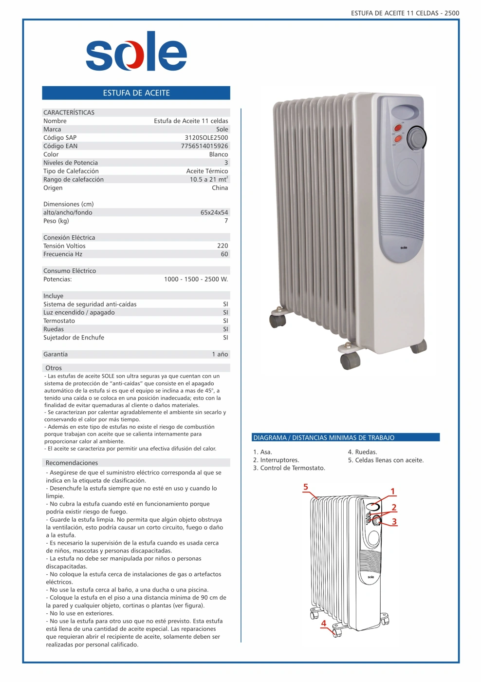 ESTUFA ELÉCTRICA DE ACEITE SOLE 2500W - 7