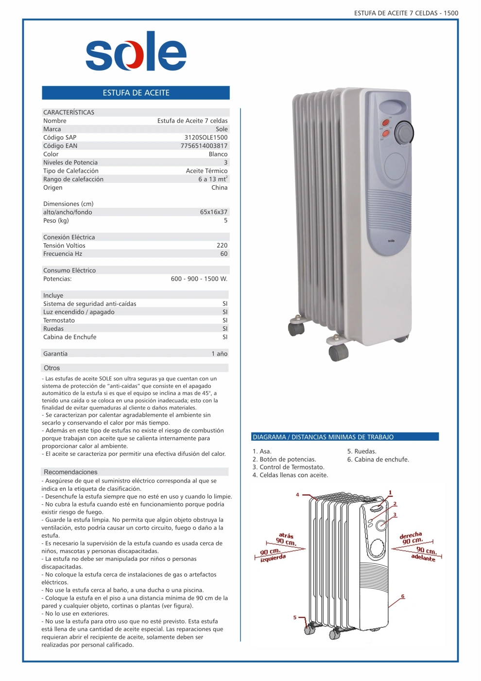 ESTUFA ELÉCTRICA SOLE 3120SOLE1500 DE ACEITE 1500W - 7