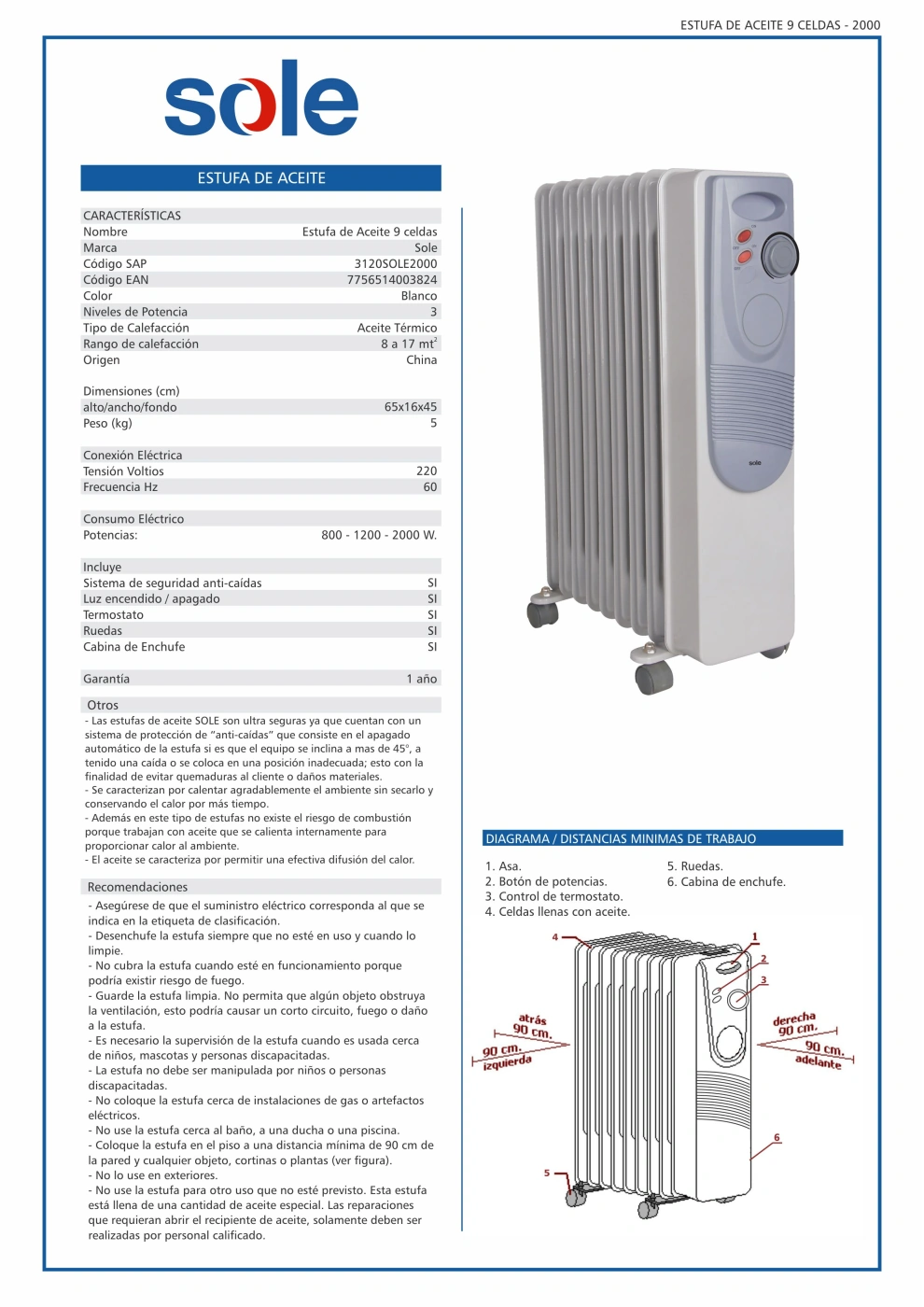 ESTUFA ELÉCTRICA DE ACEITE SOLE 9 CELDAS 2000W - 7