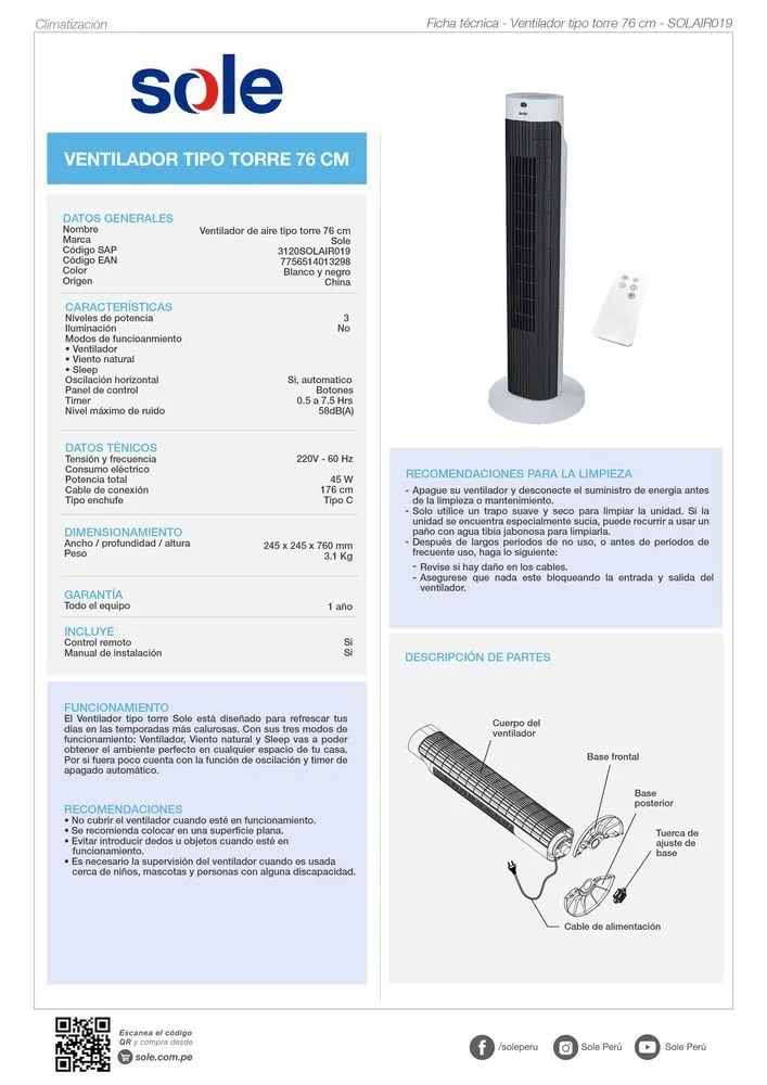 VENTILADOR TIPO TORRE SOLE CON CONTROL REMOTO - 76 CM - 8