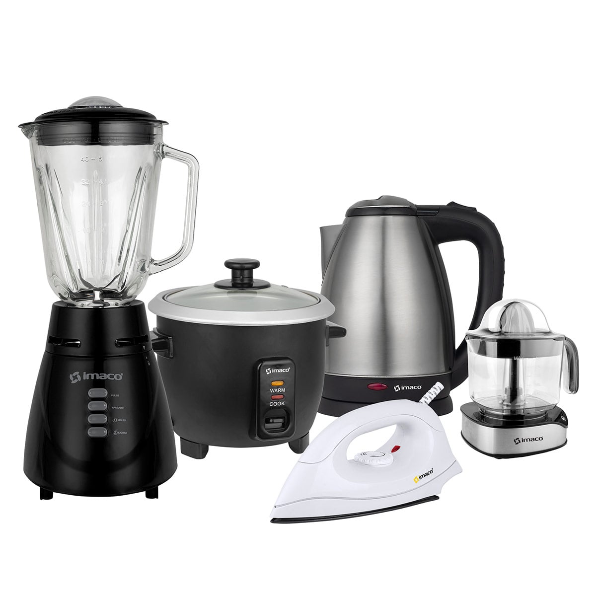 COMBO IMACO LICUADORA BL4125VN + HERVIDOR KE1801 + ARROCERA RC006N + EXPRIMIDOR CP2512I + PLANCHA ID1 - 1