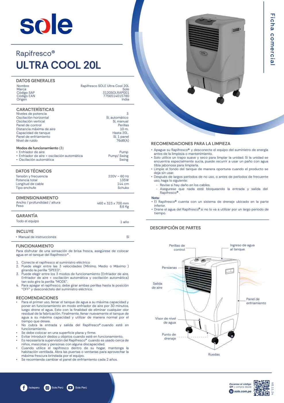 VENTILADOR PORTÁTIL SOLE RAPIFRESCO ULTRA COOL PRO 105W - 8