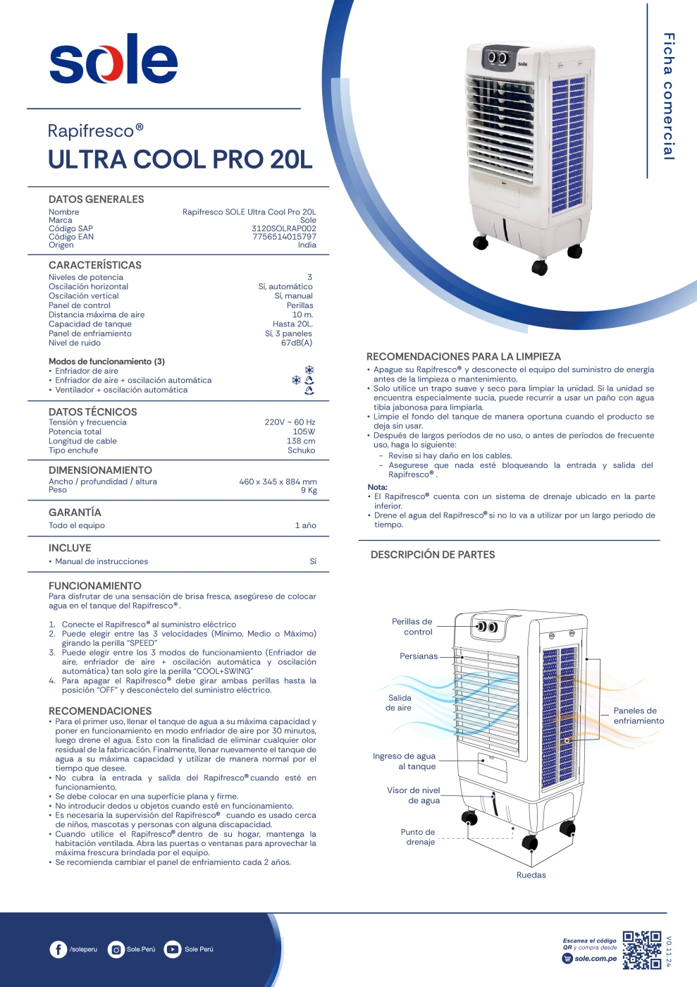 VENTILADOR PORTÁTIL SOLE RAPIFRESCO ULTRA COOL 135W - 9