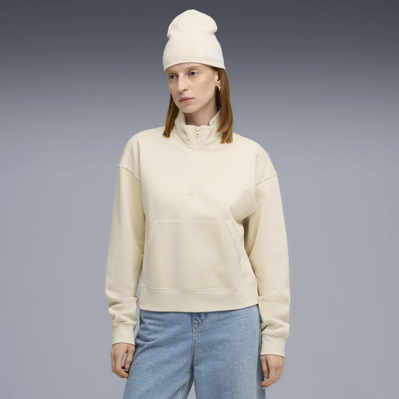 POLERA MUJER PUMA BEIGE PUMA CLASS COMFORT HALF-ZIP SHORT CREW FL - 1