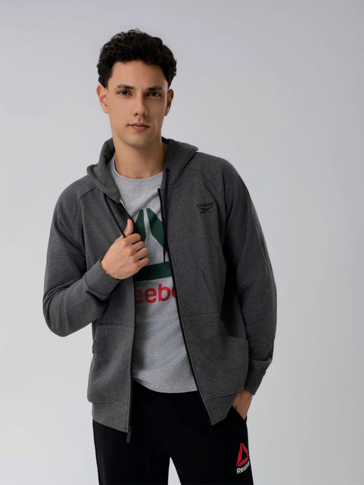 POLERA ALGODÓN HOMBRE REEBOK GRIS OSCURO TERRY HOODIE - 1