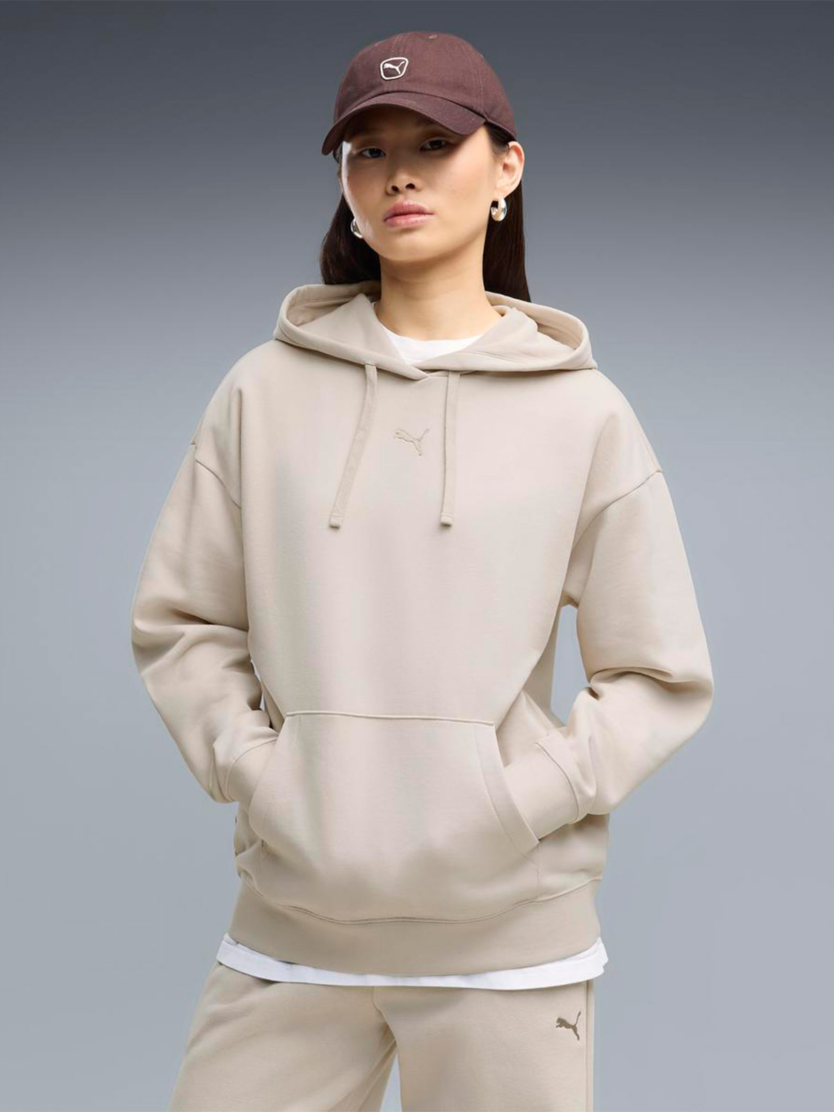 POLERA ALGODÓN HOODIE MUJER PUMA BEIGE RELAXED - 1