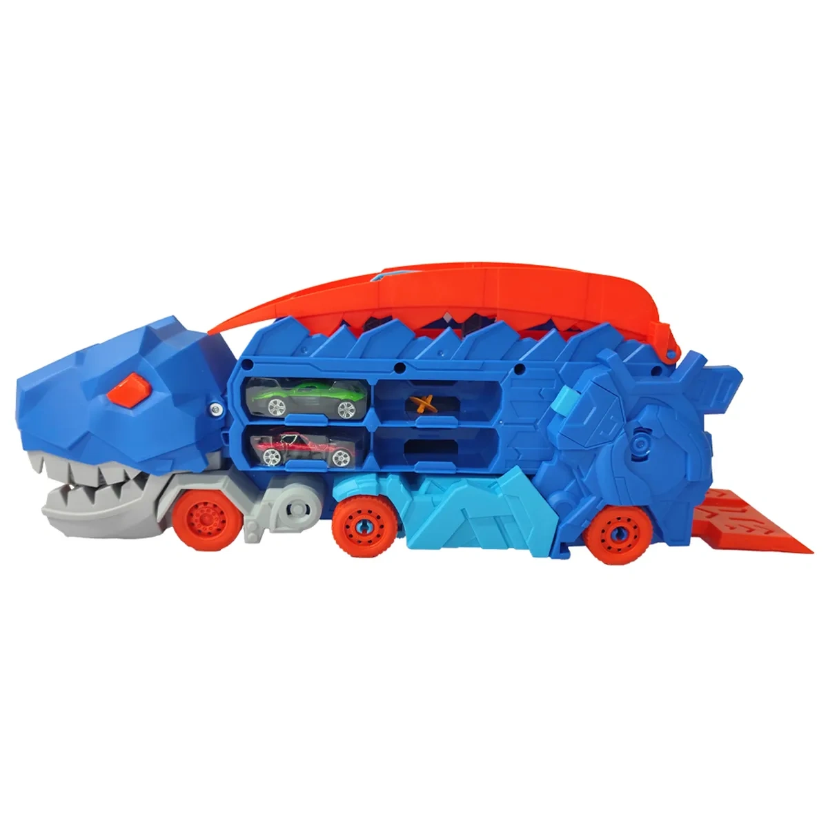 CAMIÓN SPEED SHIFT REMOLQUE DINOSAURIO AZUL + 2 AUTOS METALICOS - 2