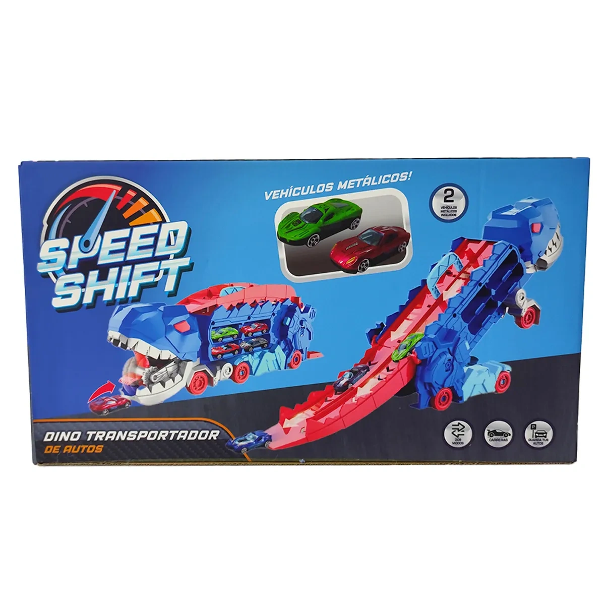 CAMIÓN SPEED SHIFT REMOLQUE DINOSAURIO AZUL + 2 AUTOS METALICOS - 4