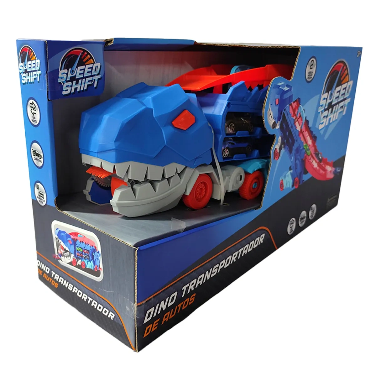 CAMIÓN SPEED SHIFT REMOLQUE DINOSAURIO AZUL + 2 AUTOS METALICOS - 5