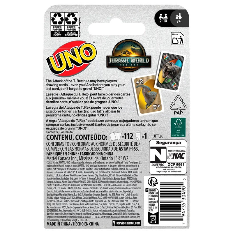 UNO JUEGO DE CARTAS JURASSIC WORLD REBIRTH PARA NIÑOS - 6