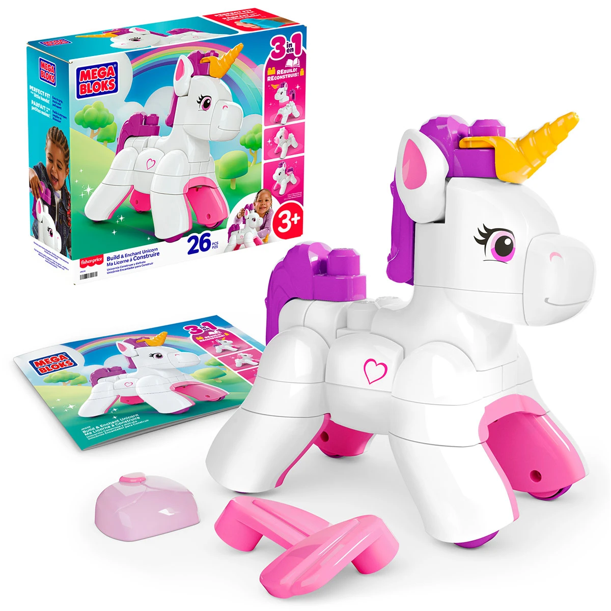 BLOQUES DE CONSTRUCCIÓN MEGA BLOKS CONSTRUCCIÓN 3 EN 1 UNICORNIO ARMA Y BRILLA - 1