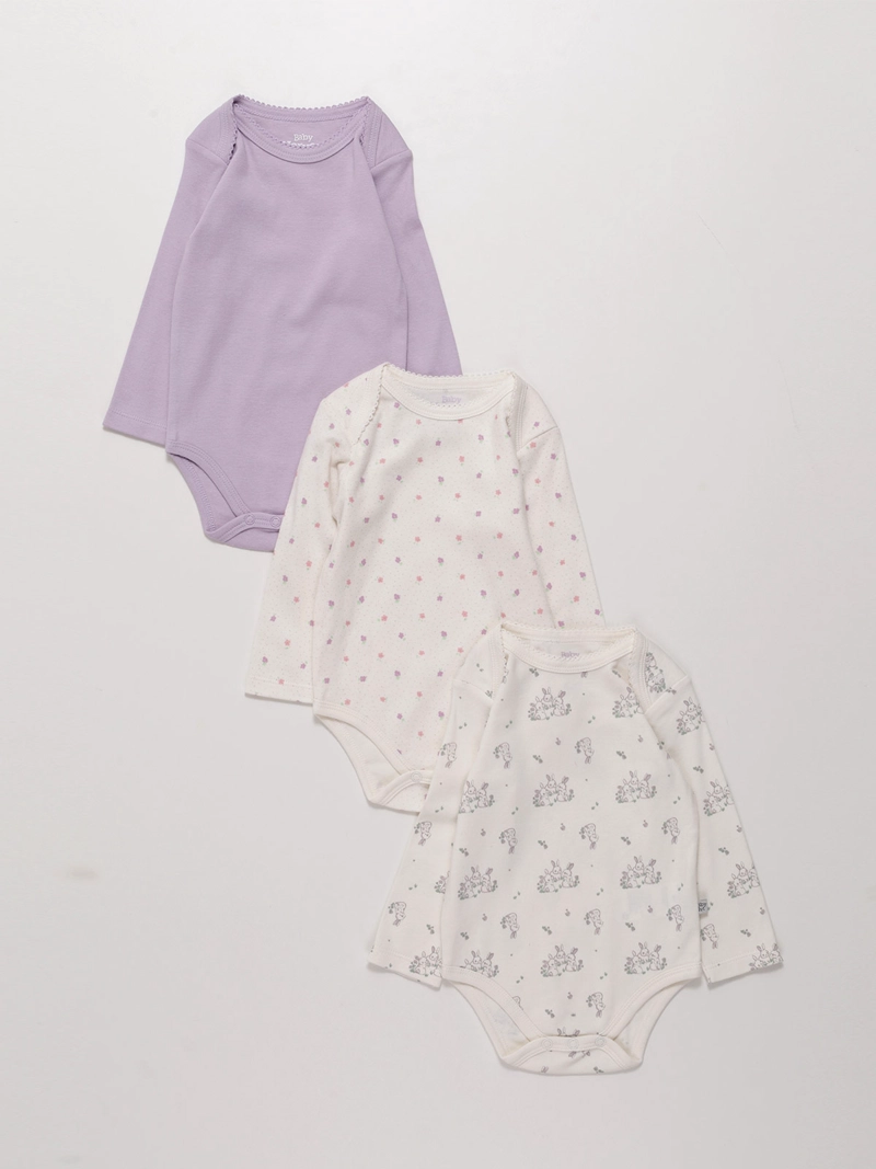 PACK X3 BODYS MANGA LARGA ALGODÓN BEBE NIÑA BABY HARVEST - 1
