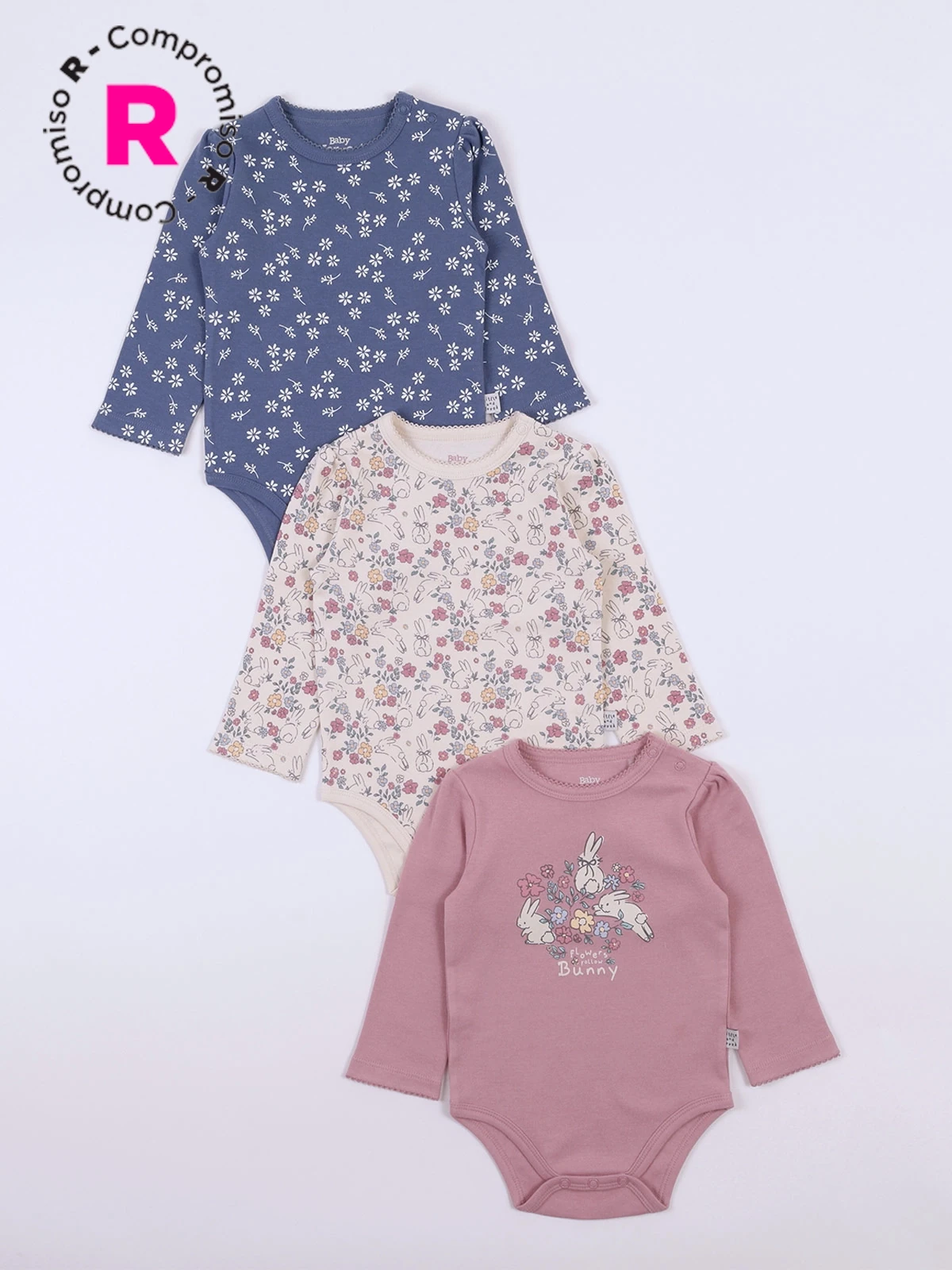 PACK X3 BODYS MANGA LARGA ALGODÓN BEBE NIÑA BABY HARVEST - 1