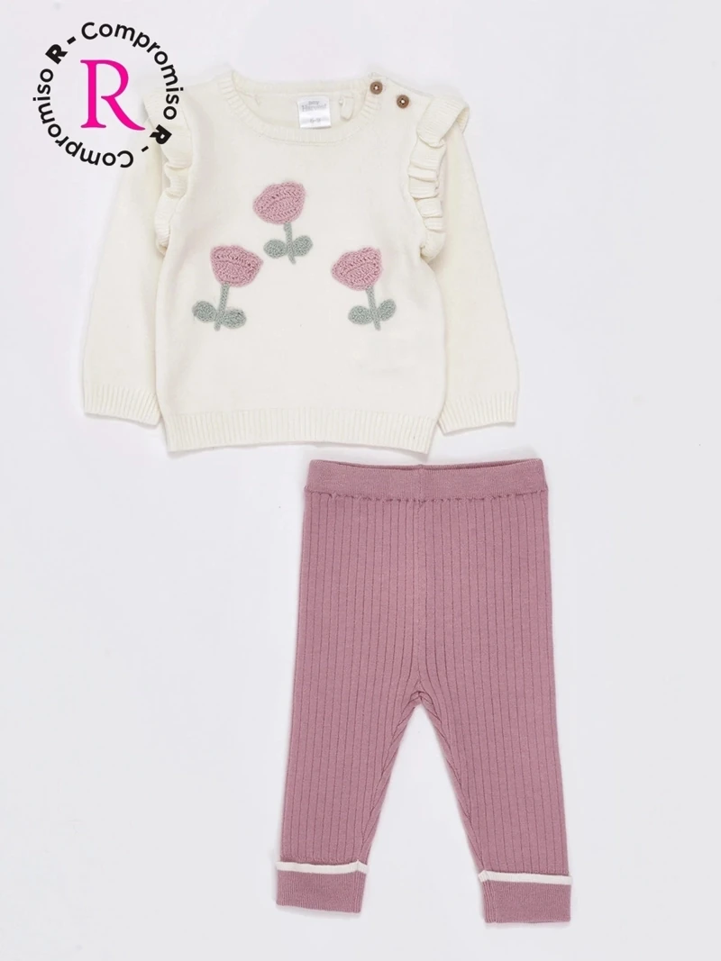 CONJUNTO FLOR TEJIDO POLERA + PANTALÓN BEBÉ NIÑA BABY HARVEST - 1