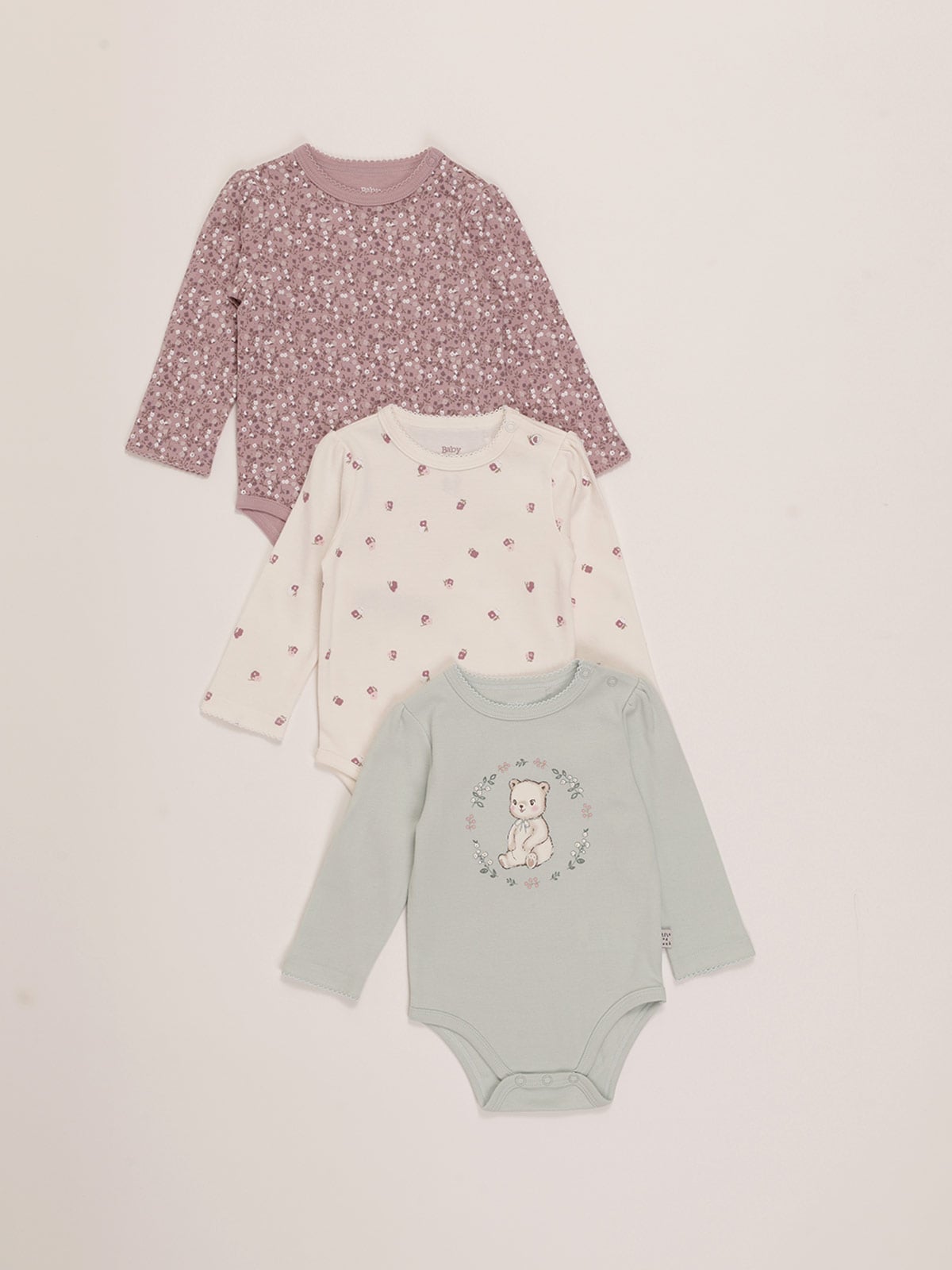 PACK X3 BODYS MANGA LARGA ALGODÓN BEBE NIÑA BABY HARVEST - 1
