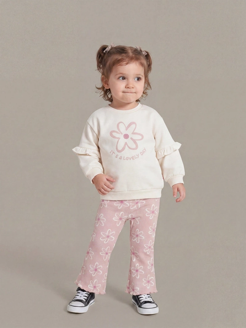 CONJUNTO FLARE POLERA FRANELA + LEGGING RIB BEBÉ NIÑA BABY HARVEST - 1