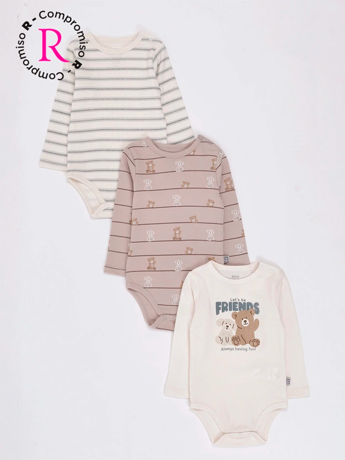 PACK X3 BODYS MANGA LARGA ALGODÓN BEBÉ NIÑO BABY HARVEST - 1