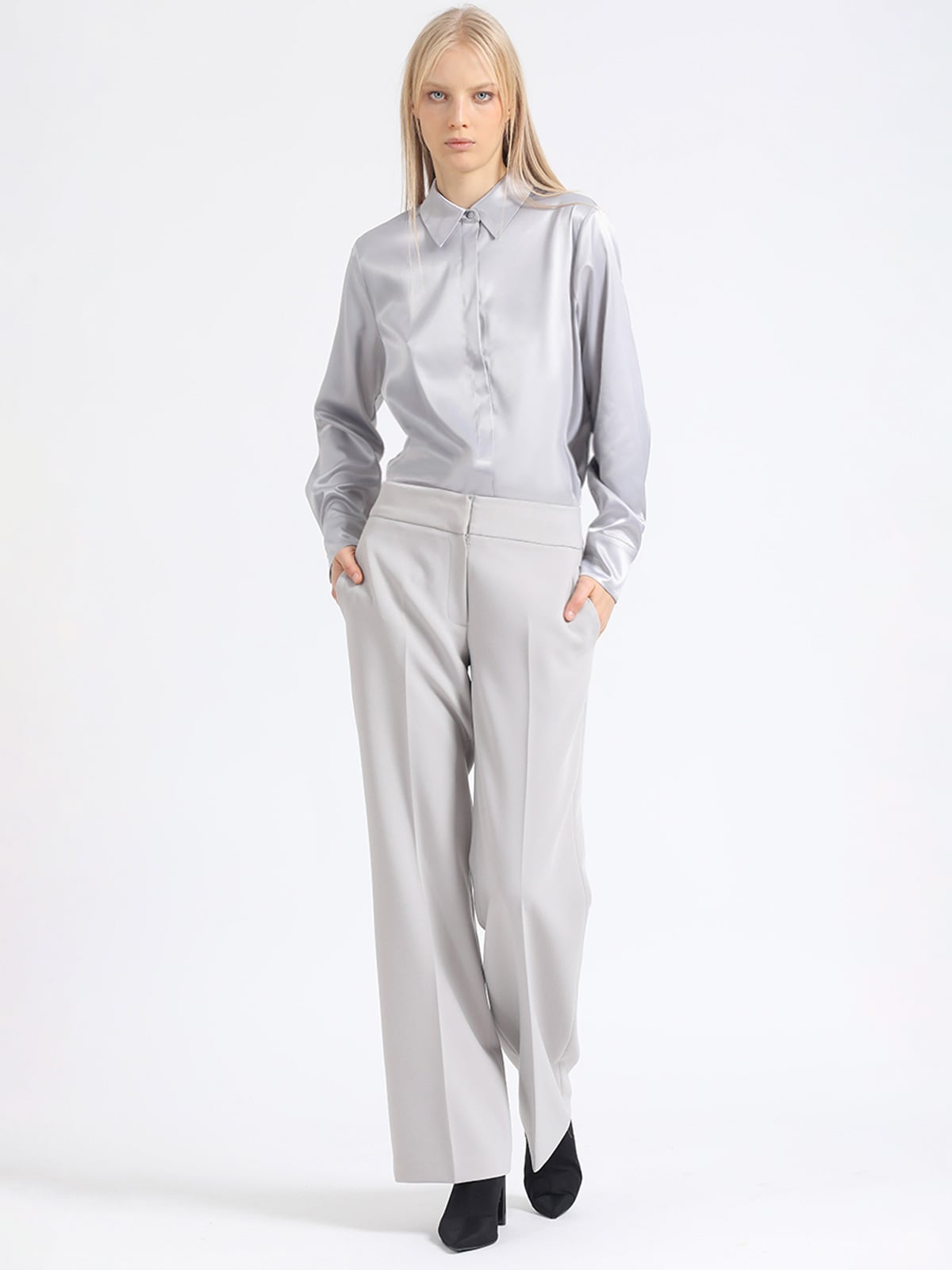 PANTALÓN FORMAL LARGO RECTO MUJER LIOLA GRIS TIRO ALTO - 1