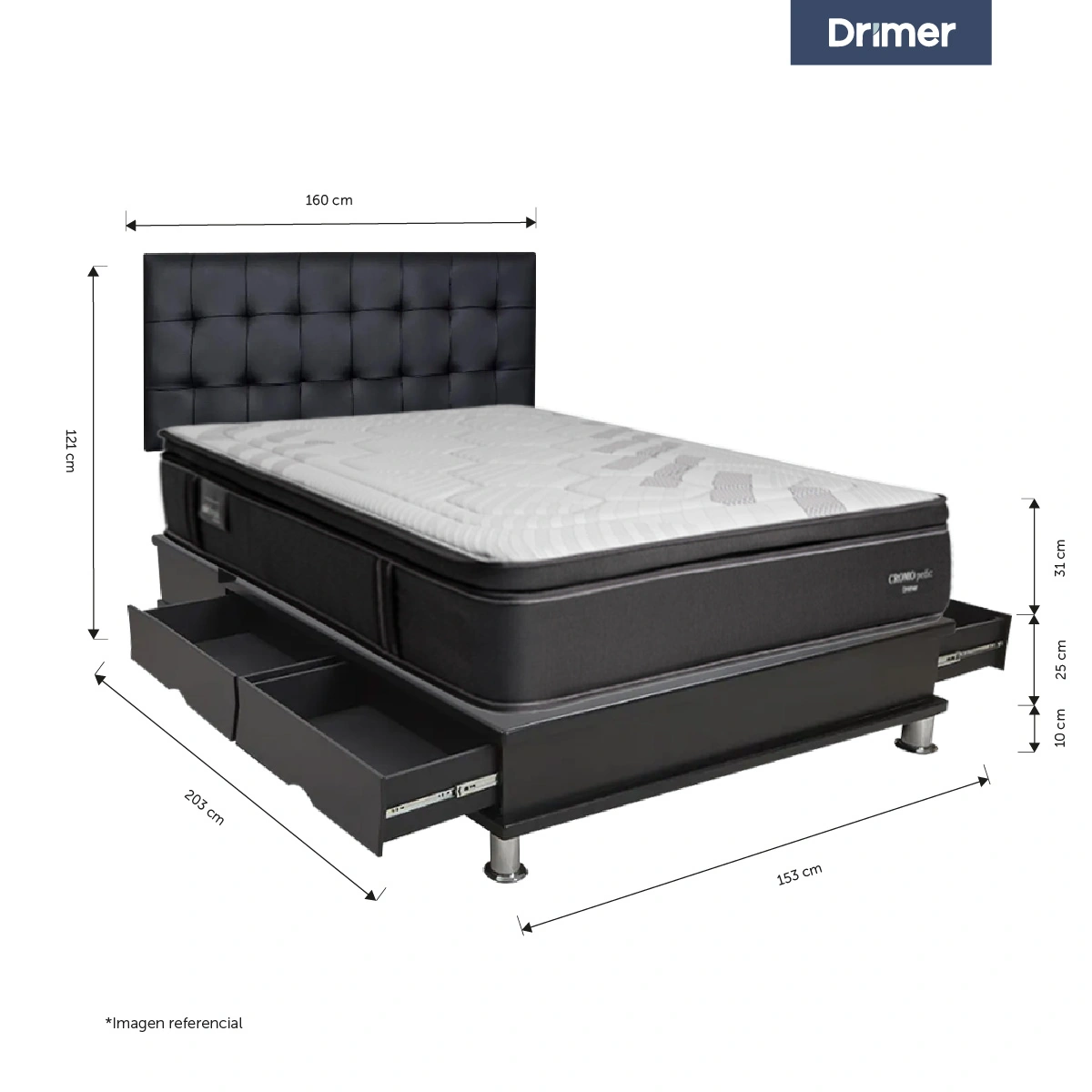 DORMITORIO CON CAJONES DRIMER CROMOPEDIC QUEEN FACUNDO + VELADORES - 3