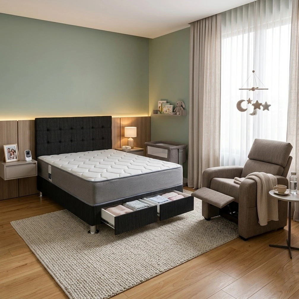 DORMITORIO CON CAJONES FORLI POLARIS 2 PLAZAS + RECLINABLE FE + 2 ALMOHADAS - 1