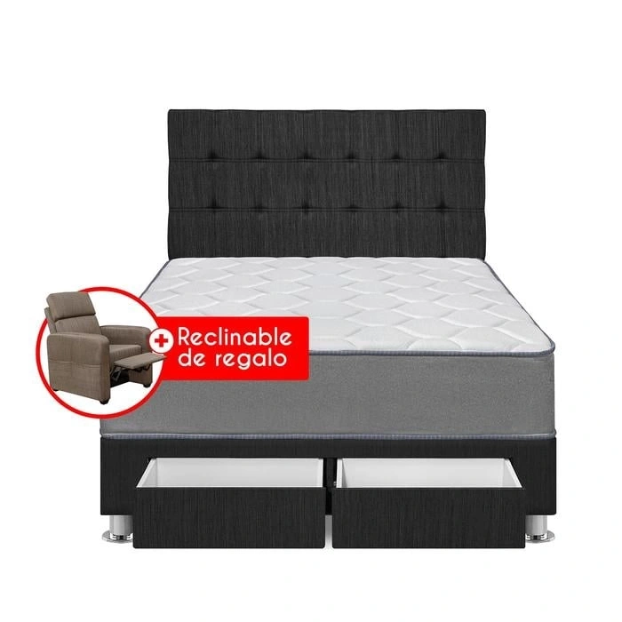 DORMITORIO CON CAJONES FORLI POLARIS 2 PLAZAS + RECLINABLE FE + 2 ALMOHADAS - 2