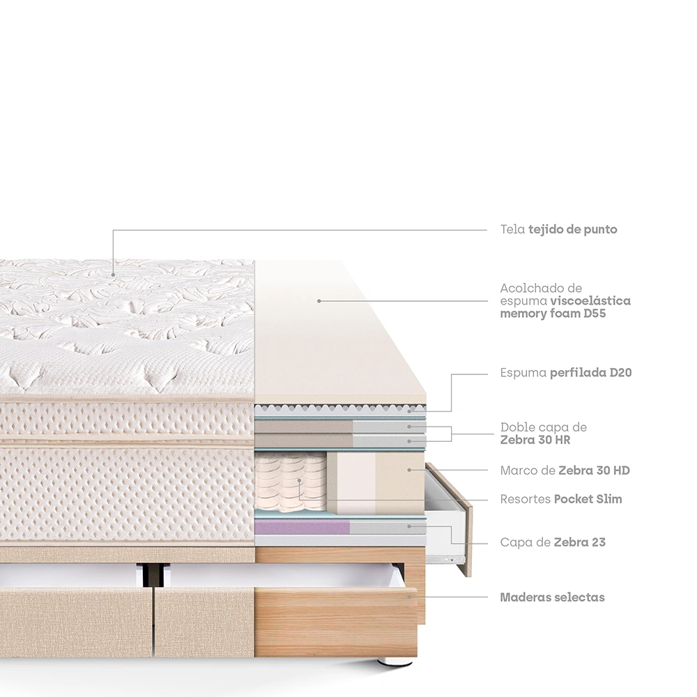 CAMA CON CAJONES PARAÍSO ROYAL CLOUD QUEEN CHAMPAGNE + 2 ALMOHADAS VISCOELÁSTICAS - 4