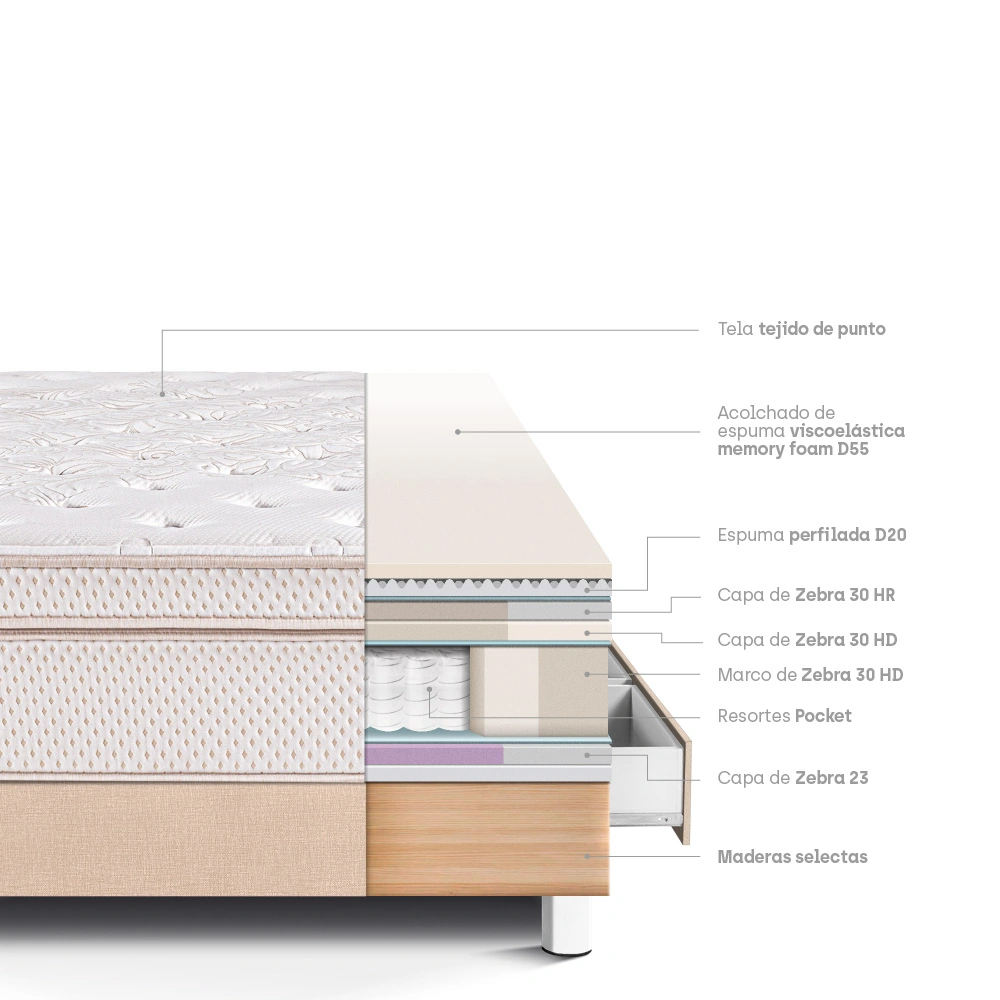 CAMA CON CAJONES PARAÍSO ROYAL DYNASTY 1.5 PLAZAS CHAMPAGNE + 1 ALMOHADA VISCOELÁSTICA - 4