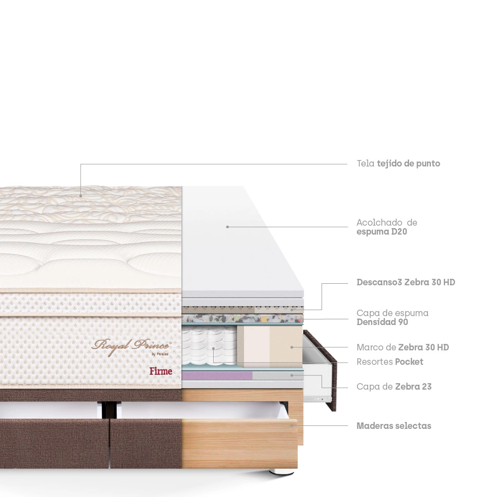 CAMA CON CAJONES PARAÍSO ROYAL PRINCE 2 PLAZAS CHOCOLATE + 2 ALMOHADAS VISCOELÁSTICAS - 4