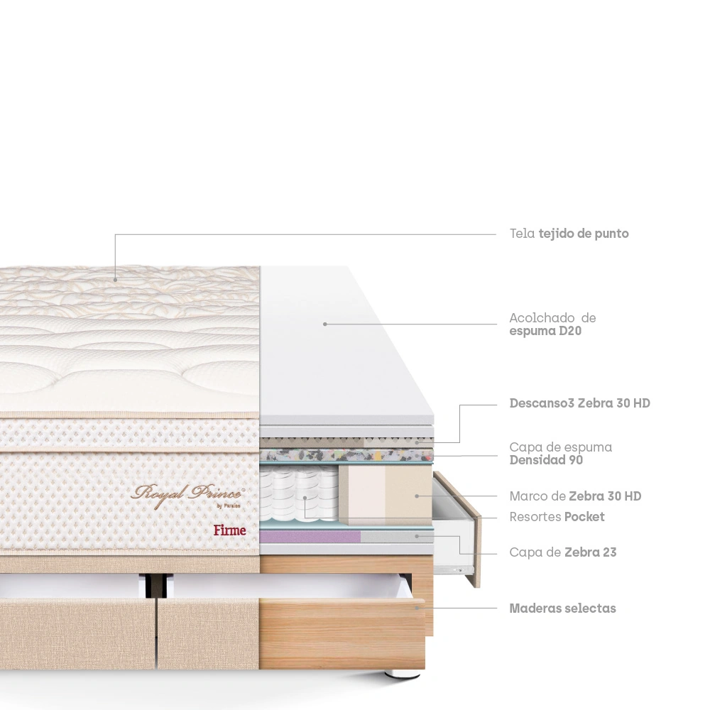 CAMA CON CAJONES PARAÍSO ROYAL PRINCE 2 PLAZAS CHAMPAGNE + 2 ALMOHADAS VISCOELÁSTICAS - 4