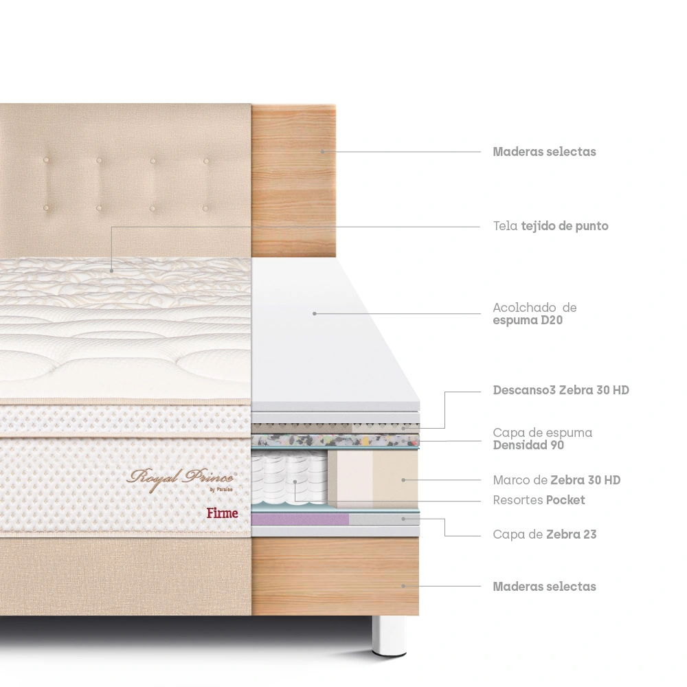 DORMITORIO PARAÍSO ROYAL PRINCE 1.5 PLAZAS CHAMPAGNE + 1 ALMOHADA VISCOELÁSTICA - 4